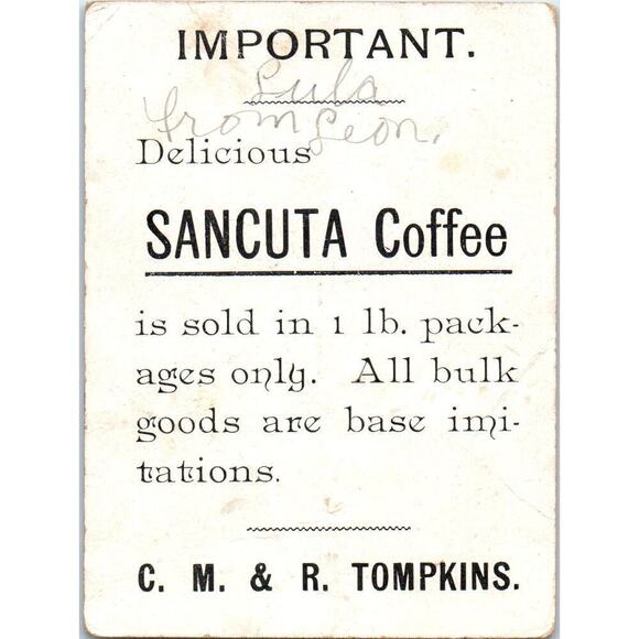Sancuta Coffee C.M. & R. Tompkins c1880 Victorian Trade Card AF1-AP8 - Picture 2 of 2